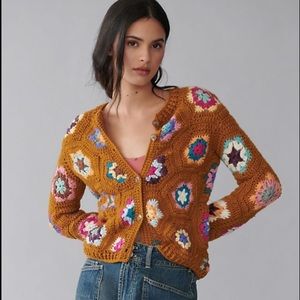 Anthropologie Mustard Crochet Patchwork Cardigan with Multicolor Accents